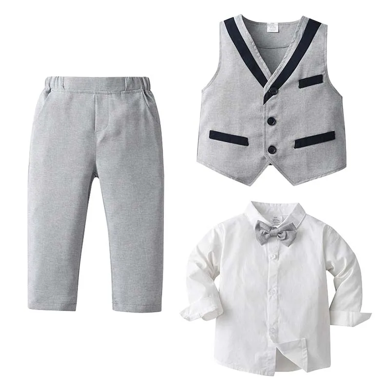 Baby Boy White Gentleman Clothing Suit Infant Long T-Shirt+Vest+Pants Christening Outfit Bebe Kids England Baptism Clothes Set