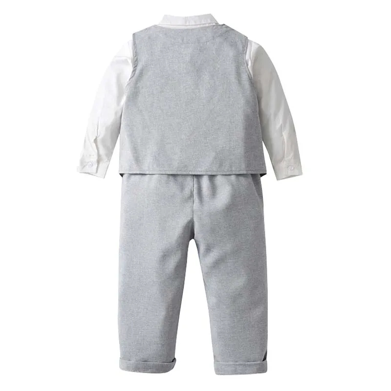 Baby Boy White Gentleman Clothing Suit Infant Long T-Shirt+Vest+Pants Christening Outfit Bebe Kids England Baptism Clothes Set