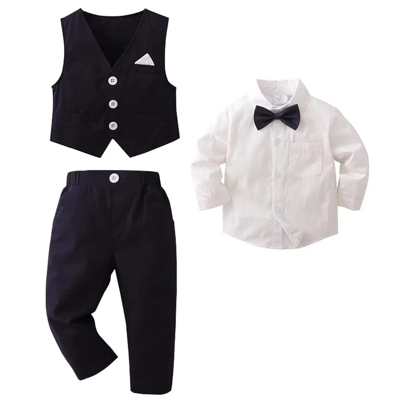 Baby Boy White Gentleman Clothing Suit Infant Long T-Shirt+Vest+Pants Christening Outfit Bebe Kids England Baptism Clothes Set