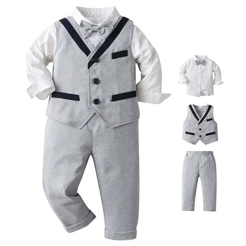 Baby Boy White Gentleman Clothing Suit Infant Long T-Shirt+Vest+Pants Christening Outfit Bebe Kids England Baptism Clothes Set