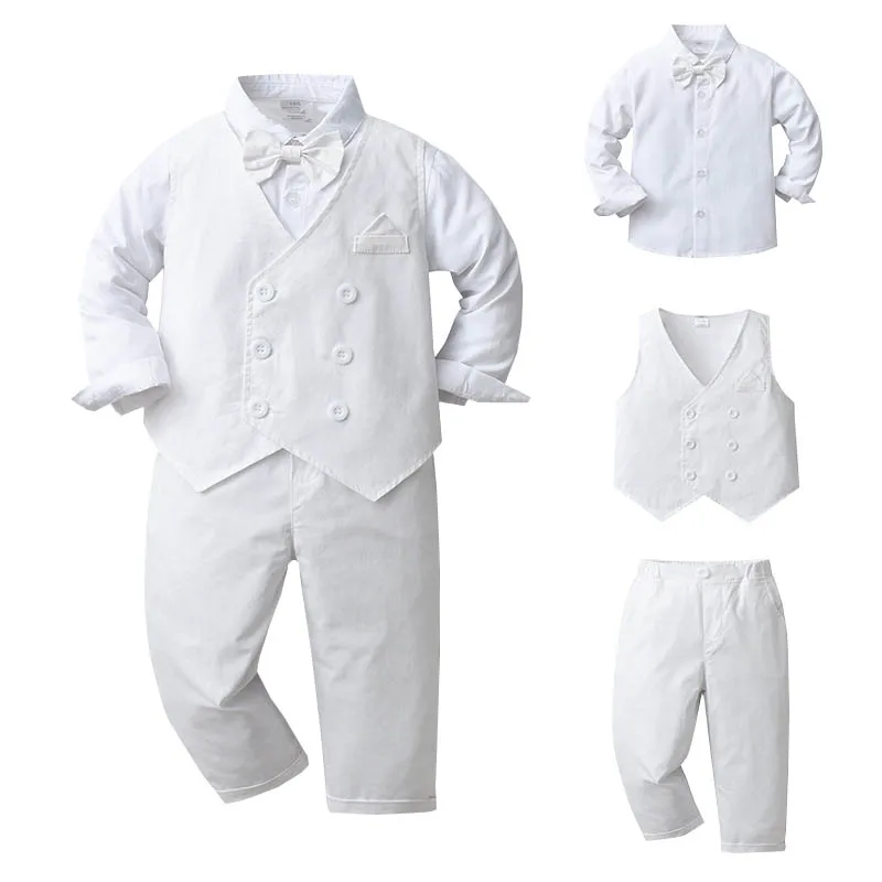 Baby Boy White Gentleman Clothing Suit Infant Long T-Shirt+Vest+Pants Christening Outfit Bebe Kids England Baptism Clothes Set