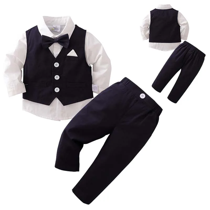 Baby Boy White Gentleman Clothing Suit Infant Long T-Shirt+Vest+Pants Christening Outfit Bebe Kids England Baptism Clothes Set