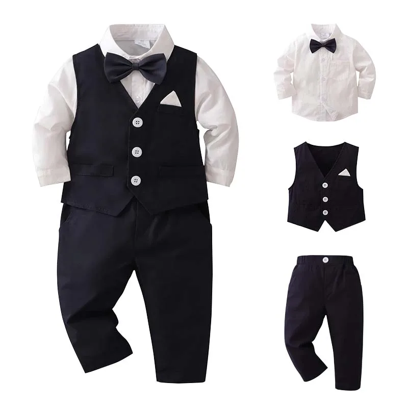 Baby Boy White Gentleman Clothing Suit Infant Long T-Shirt+Vest+Pants Christening Outfit Bebe Kids England Baptism Clothes Set