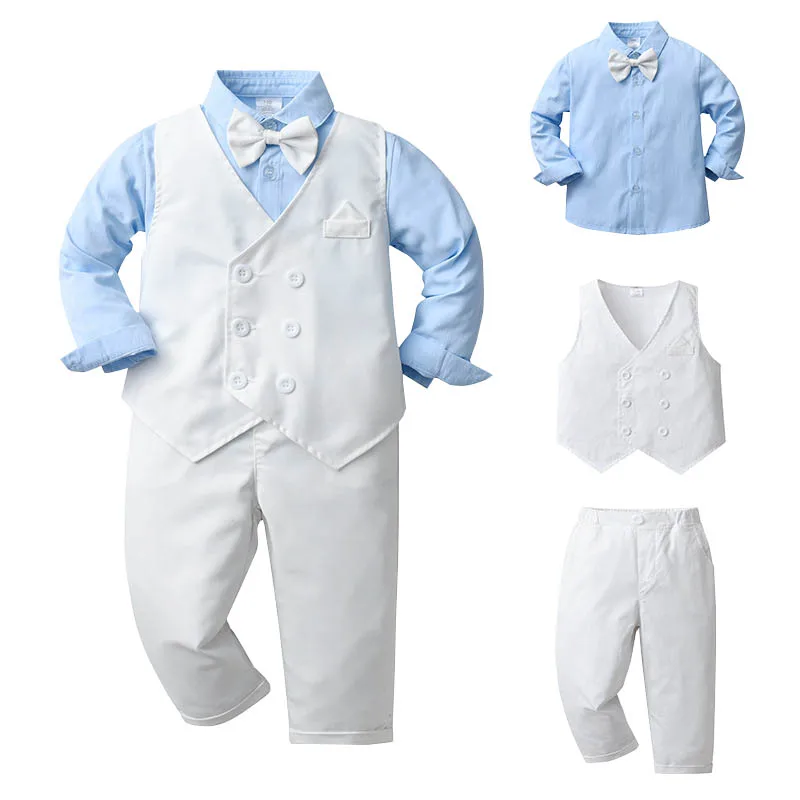 Baby Boy White Gentleman Clothing Suit Infant Long T-Shirt+Vest+Pants Christening Outfit Bebe Kids England Baptism Clothes Set