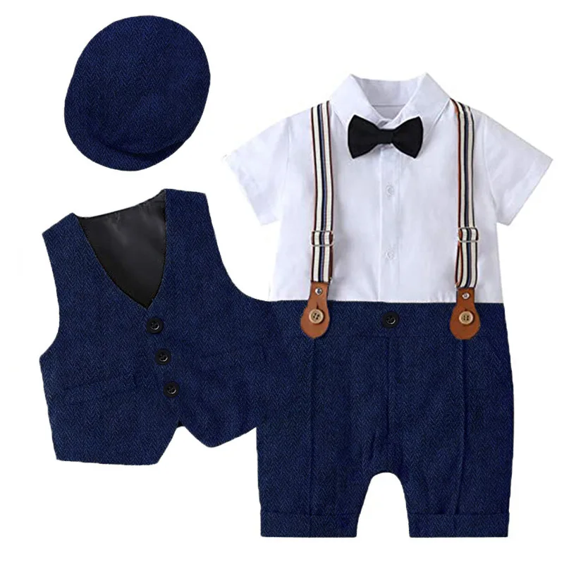 Baby Boy Baptism Romper Christening Clothing Outfit Suits 1st Birthday White Dress Beret+ Jumpsuit Boy Gentleman Clothes