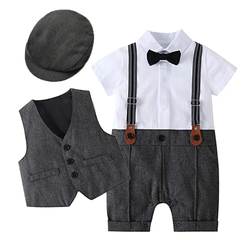 Baby Boy Baptism Romper Christening Clothing Outfit Suits 1st Birthday White Dress Beret+ Jumpsuit Boy Gentleman Clothes