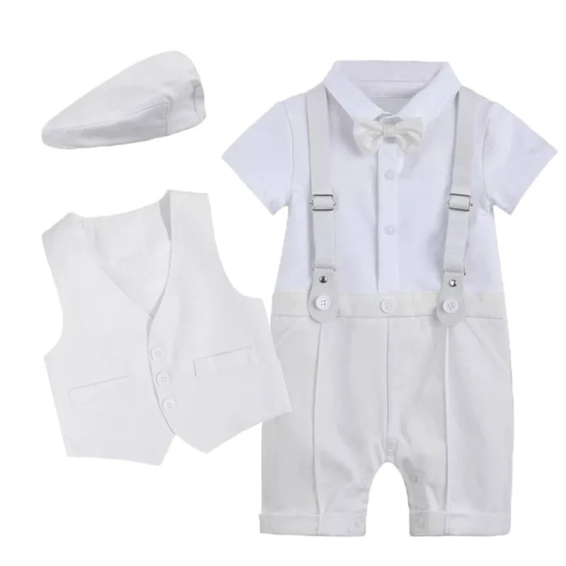 Baby Boy Baptism Romper Christening Clothing Outfit Suits 1st Birthday White Dress Beret+ Jumpsuit Boy Gentleman Clothes