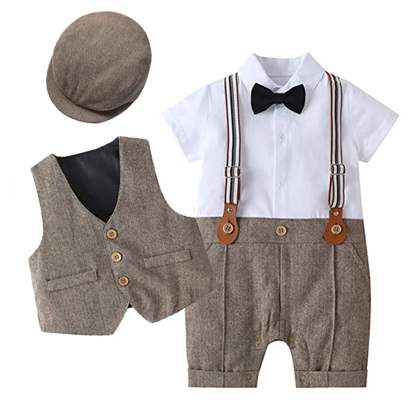 Baby Boy Baptism Romper Christening Clothing Outfit Suits 1st Birthday White Dress Beret+ Jumpsuit Boy Gentleman Clothes