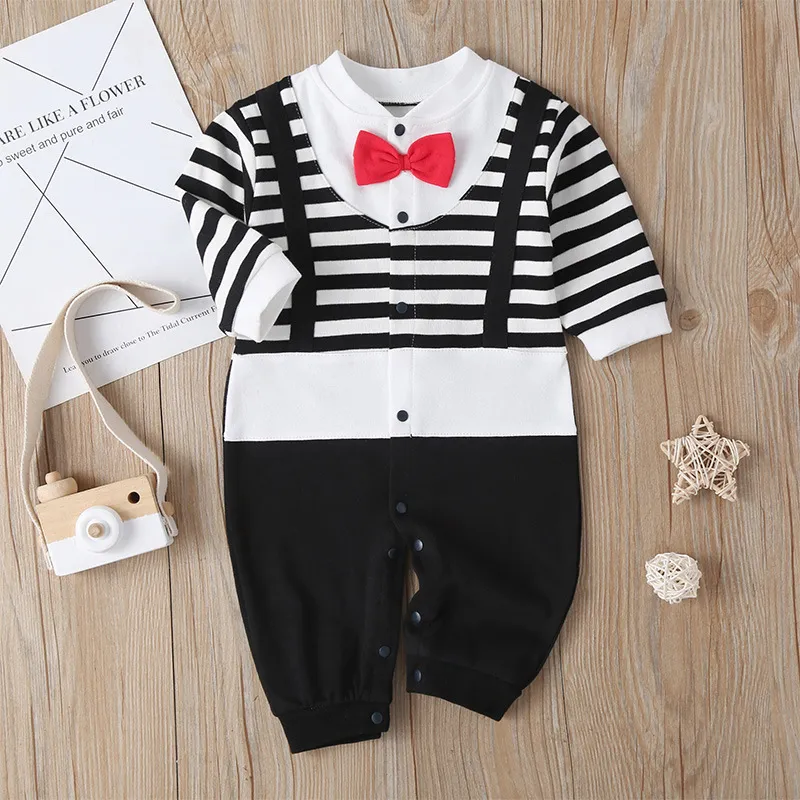 Newborn Baby Romper 2023 Fall Long Sleeves Bowtie Style Bebe Boy Girl Clothes Little Gentle Man Penguin Infant Babe Jumpsuits