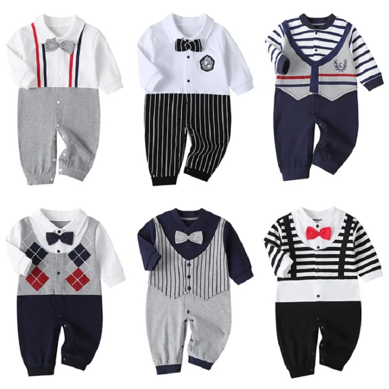 Newborn Baby Romper 2023 Fall Long Sleeves Bowtie Style Bebe Boy Girl Clothes Little Gentle Man Penguin Infant Babe Jumpsuits