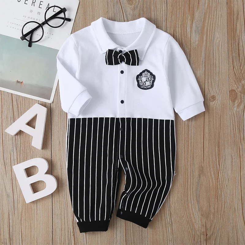 Newborn Baby Romper 2023 Fall Long Sleeves Bowtie Style Bebe Boy Girl Clothes Little Gentle Man Penguin Infant Babe Jumpsuits