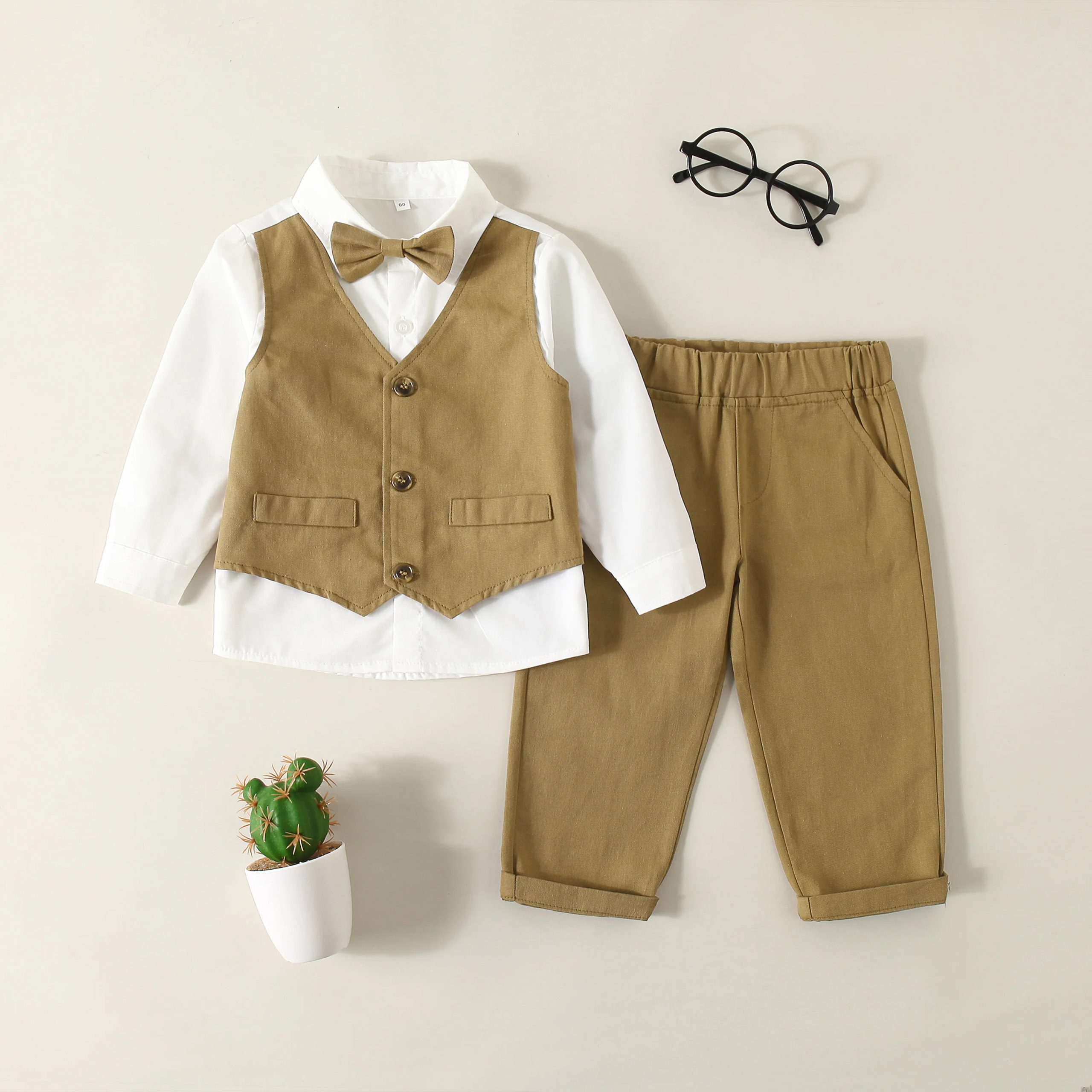 Baby Boy Long Sleeve Gentleman White Shirt Bowtie Tuxedo Jumpsuit Overall