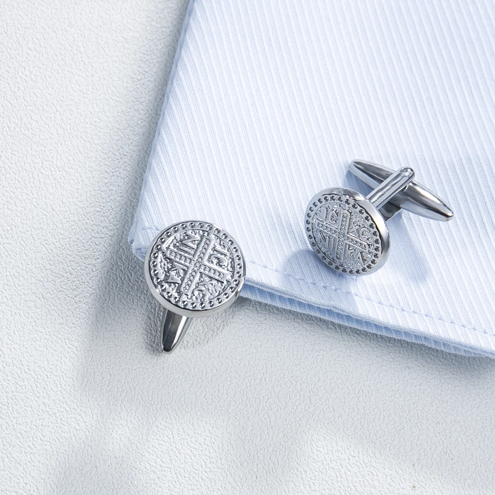 Tangula Retro Conqueror‘s Cross Round Cufflinks Stainless Steel Jesus Faith Jewelry Men's Cufflinks for Shirts Wedding Souvenir