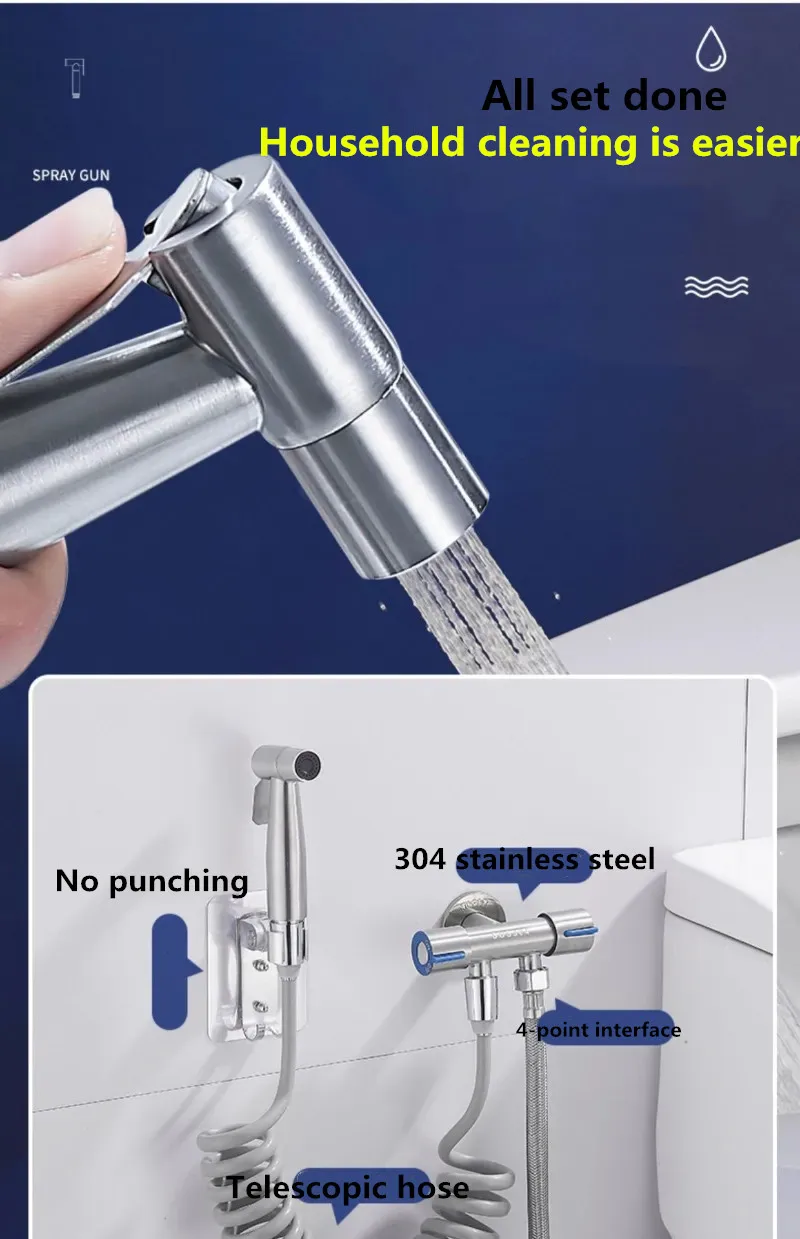 Handheld Bidet Sprayer Set 304 Stainless Steel Spray Gun Shower Handheld Toilet Bidet Faucet Sprayer Shower Nozzle Self Cleaning