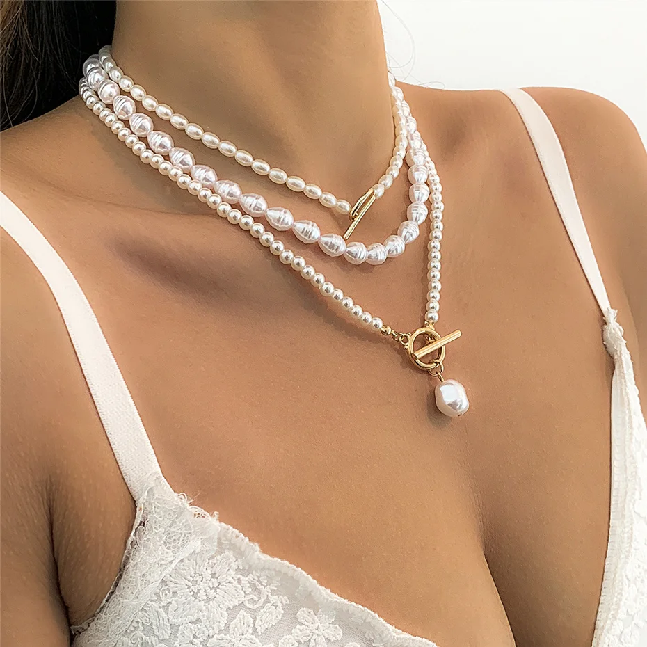 Ingemark Vintage Imitation-Pearl Heart OT Buckle Pendant Necklace Women Wedding Bridal Bead Chain Neck Accessories Jewelry New