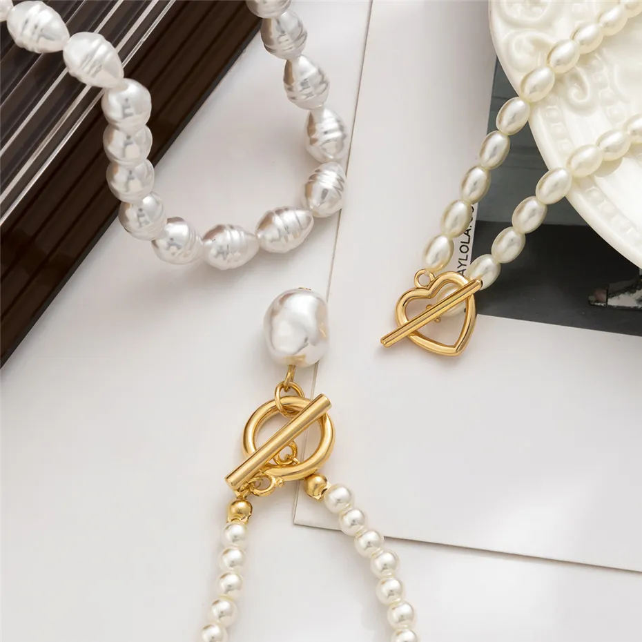 Ingemark Vintage Imitation-Pearl Heart OT Buckle Pendant Necklace Women Wedding Bridal Bead Chain Neck Accessories Jewelry New