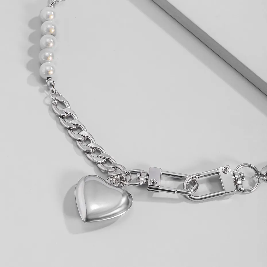 Salircon Punk Stainless Steel Heart Pendant Necklace for Women Kpop Steel Ball Lock Key Chain Necklace Gothic Jewelry Gift 2022