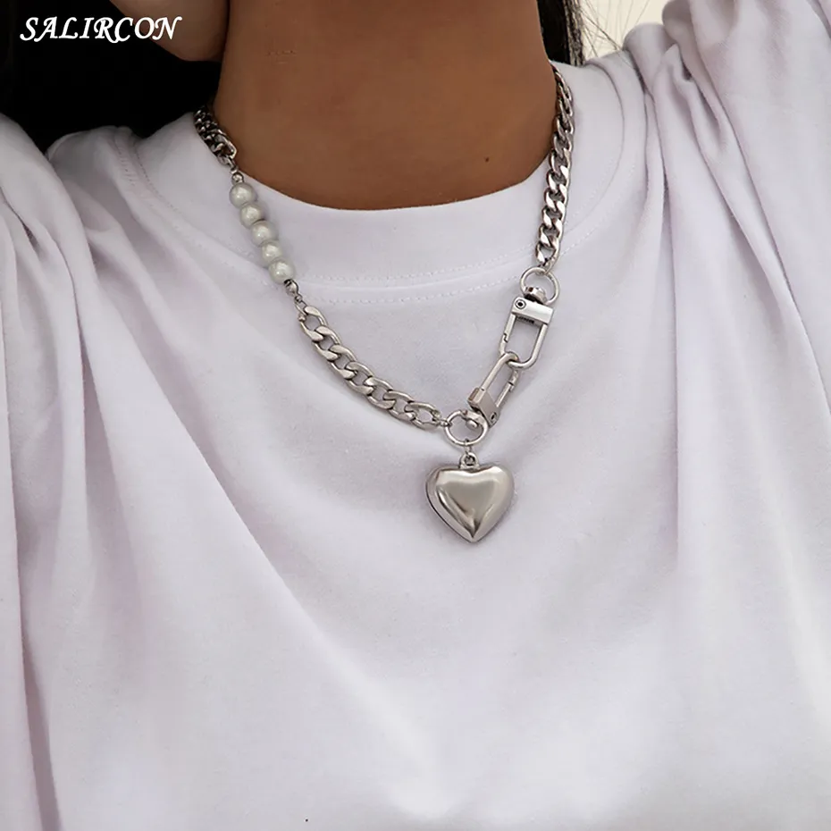 Salircon Punk Stainless Steel Heart Pendant Necklace for Women Kpop Steel Ball Lock Key Chain Necklace Gothic Jewelry Gift 2022