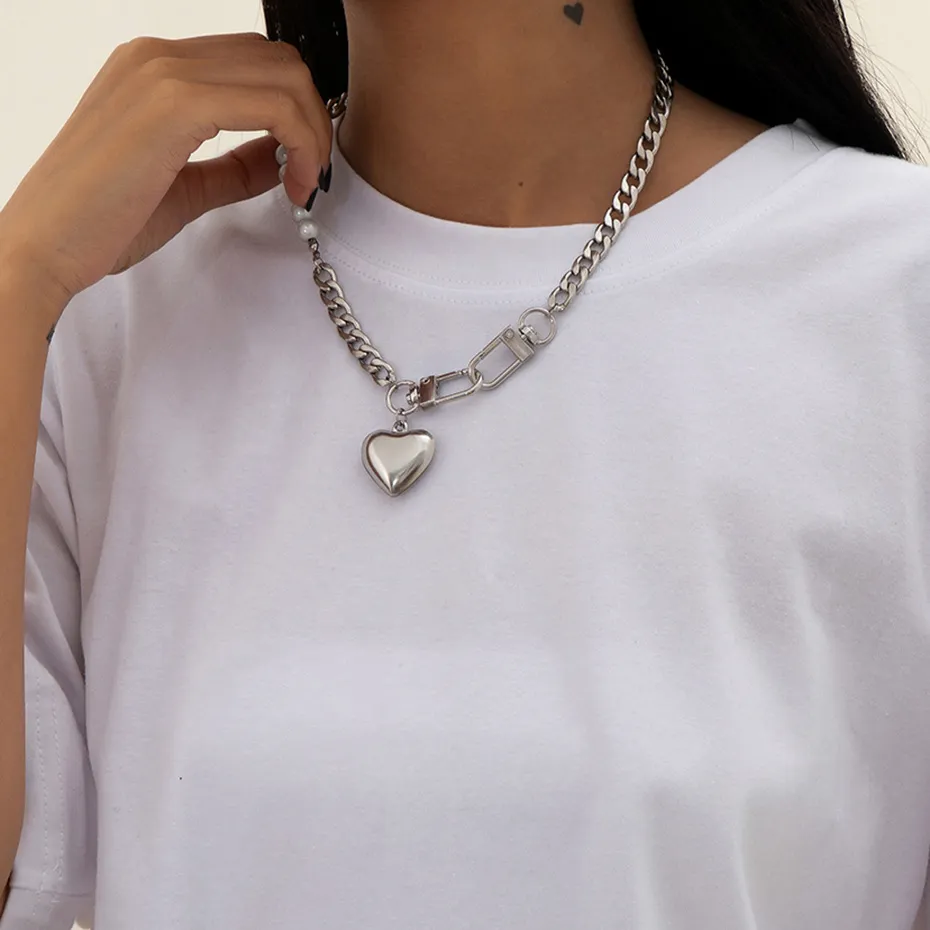 Salircon Punk Stainless Steel Heart Pendant Necklace for Women Kpop Steel Ball Lock Key Chain Necklace Gothic Jewelry Gift 2022