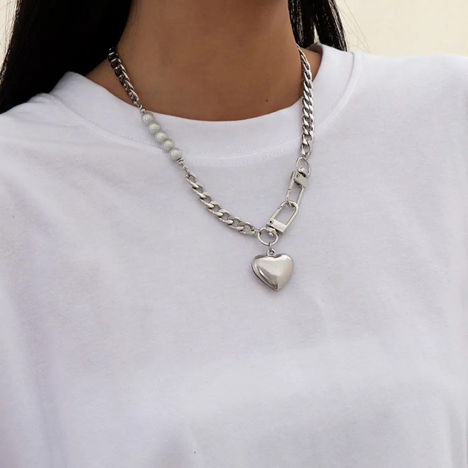 Salircon Punk Stainless Steel Heart Pendant Necklace for Women Kpop Steel Ball Lock Key Chain Necklace Gothic Jewelry Gift 2022