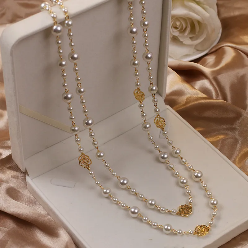 Vintage Lady Camellia Pearls Flower Long Necklace Chain Elegant Double Layers Fashion Jewelry For Women Party Collares de moda