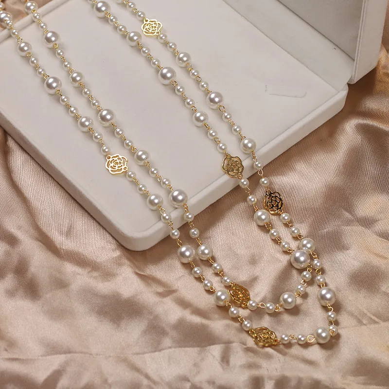 Vintage Lady Camellia Pearls Flower Long Necklace Chain Elegant Double Layers Fashion Jewelry For Women Party Collares de moda