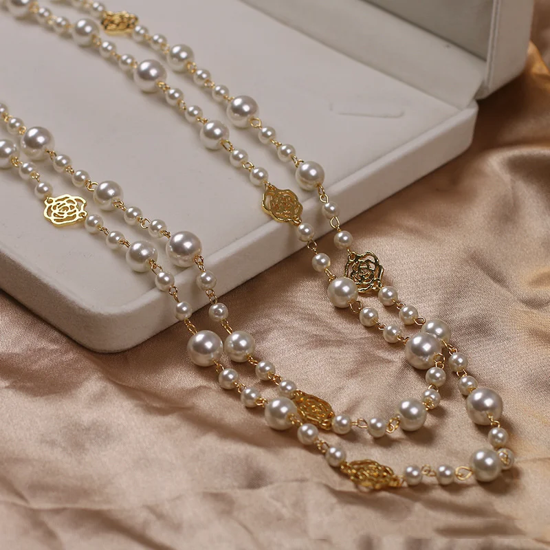 Vintage Lady Camellia Pearls Flower Long Necklace Chain Elegant Double Layers Fashion Jewelry For Women Party Collares de moda