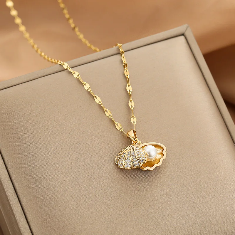 Gold Color Necklace for Women Zircon Jewelry Pendant Necklace Stainles Steel Mermaid Heart Butterfly Stainless Steel Sunflower