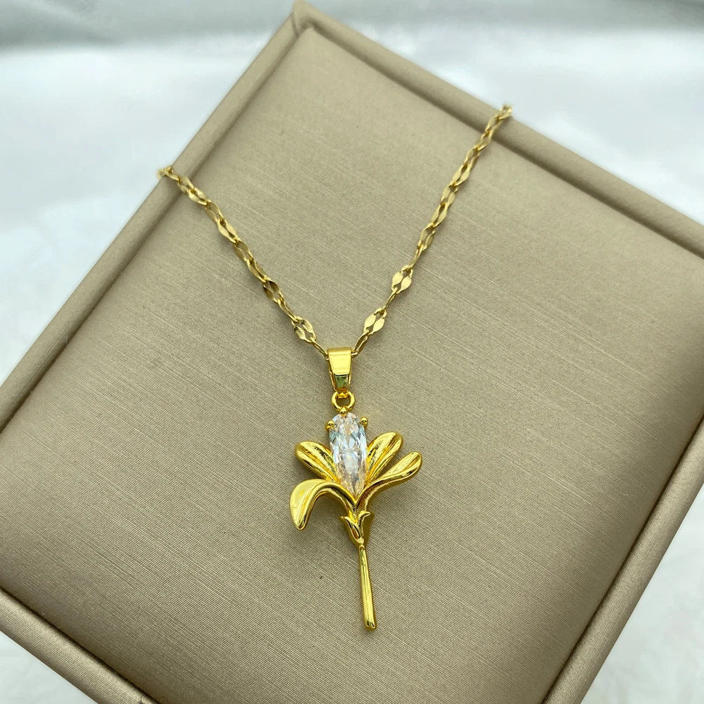 Gold Color Necklace for Women Zircon Jewelry Pendant Necklace Stainles Steel Mermaid Heart Butterfly Stainless Steel Sunflower