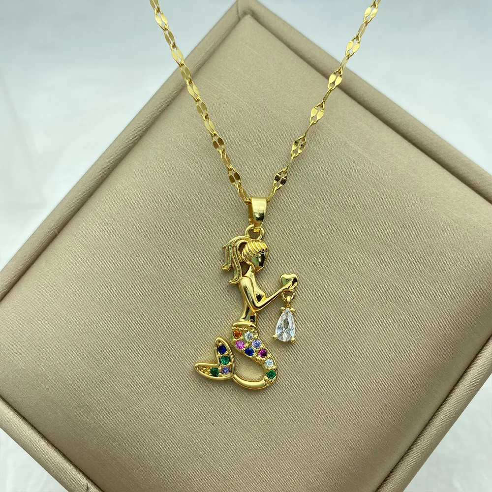 Gold Color Necklace for Women Zircon Jewelry Pendant Necklace Stainles Steel Mermaid Heart Butterfly Stainless Steel Sunflower