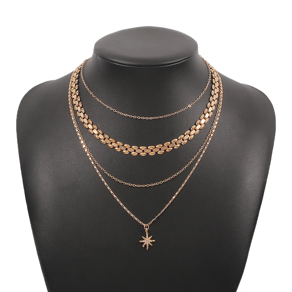 Fashion New Crystal Star Pendant Necklaces For Women Multilevel Long Geometry Chain Vintage Necklace Jewelry Gift X0137