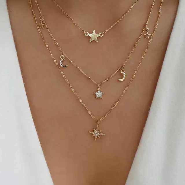 Fashion New Crystal Star Pendant Necklaces For Women Multilevel Long Geometry Chain Vintage Necklace Jewelry Gift X0137