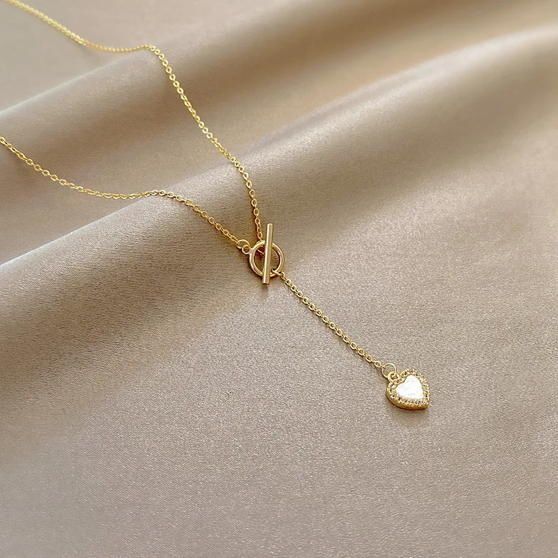 MEYRROYU Classic Gold Color Stainless Steel Necklace For Women Jewelry Imitated Pearl Beads Heart Pendant Necklace Birthday Gift