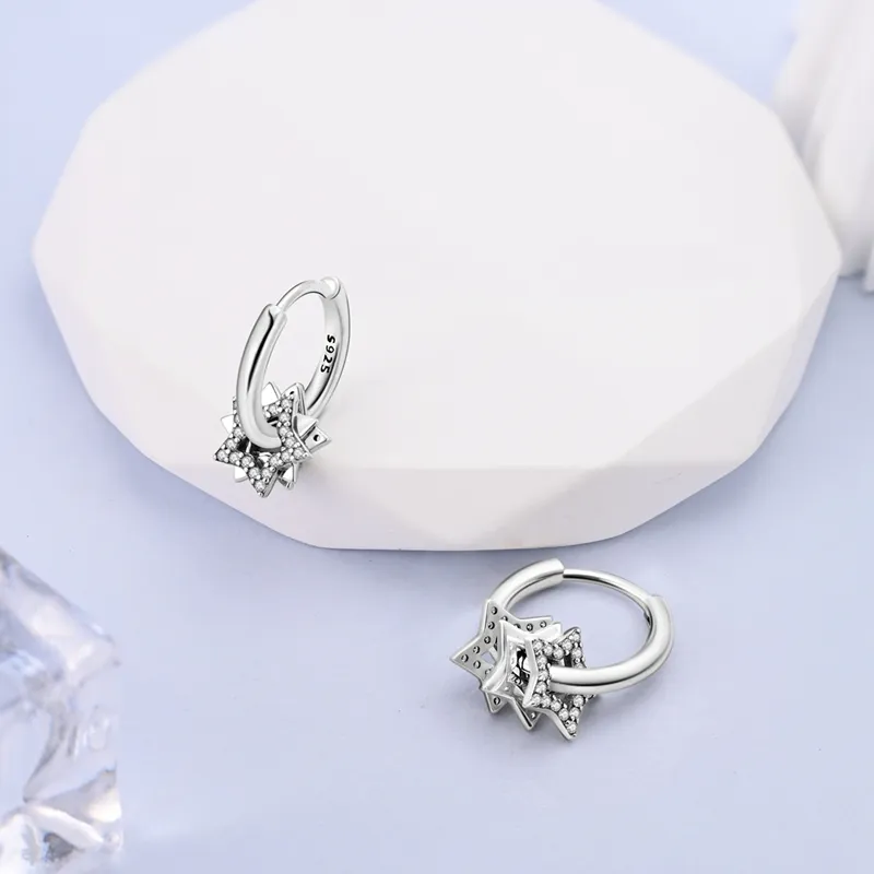 925 Silver Hoop Earrings For Women Sparkling Pave CZ U Shape Star Moon Feather Luxury Fine Engagement Wedding Earring