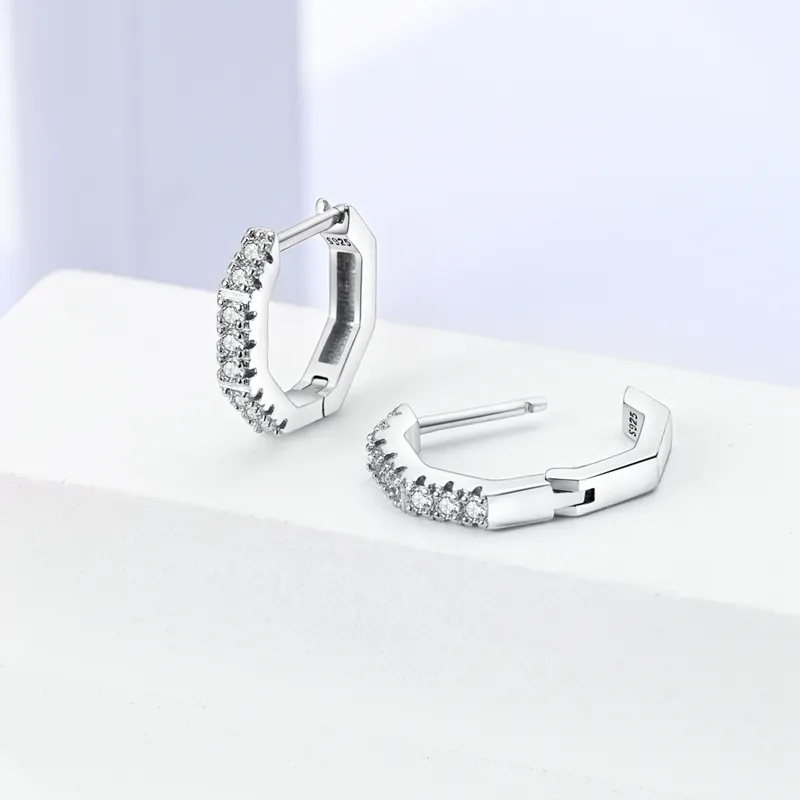 925 Silver Hoop Earrings For Women Sparkling Pave CZ U Shape Star Moon Feather Luxury Fine Engagement Wedding Earring