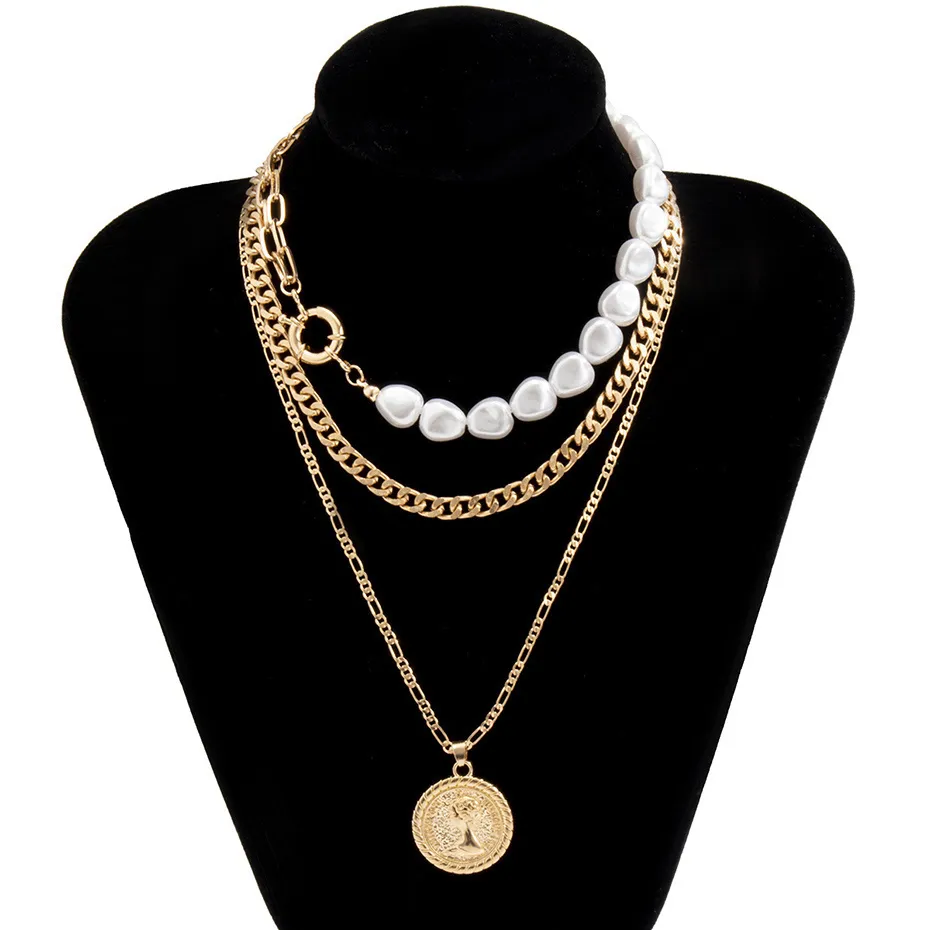 Goth Baroque Imitation Pearl Coin Portrait Pendant Necklace Women Vintage Multi Layer Link Chain Necklace Punk Aesthetic Jewelry