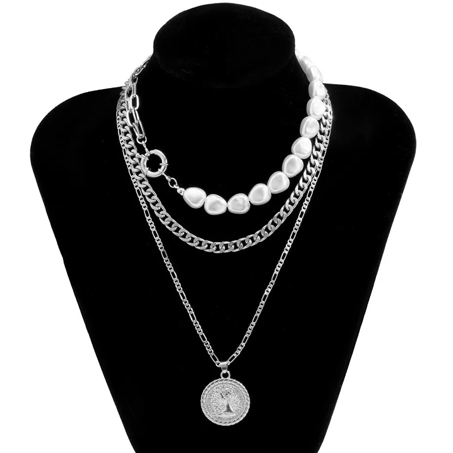 Goth Baroque Imitation Pearl Coin Portrait Pendant Necklace Women Vintage Multi Layer Link Chain Necklace Punk Aesthetic Jewelry