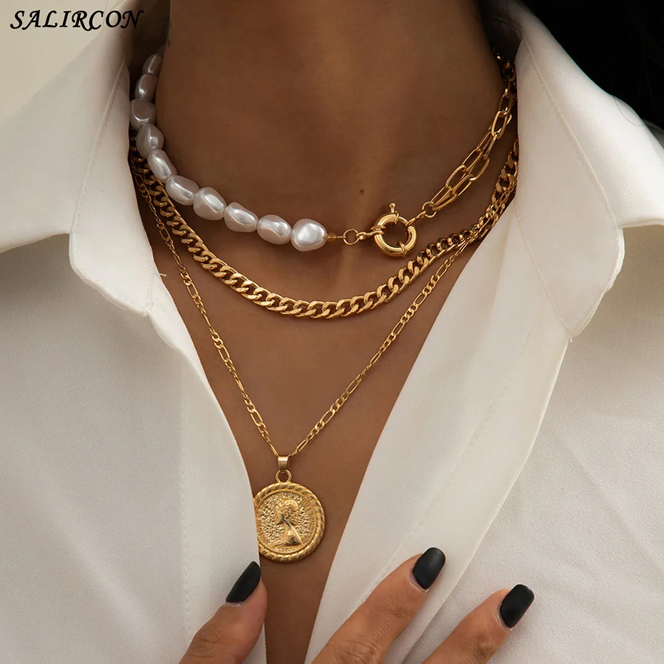 Goth Baroque Imitation Pearl Coin Portrait Pendant Necklace Women Vintage Multi Layer Link Chain Necklace Punk Aesthetic Jewelry