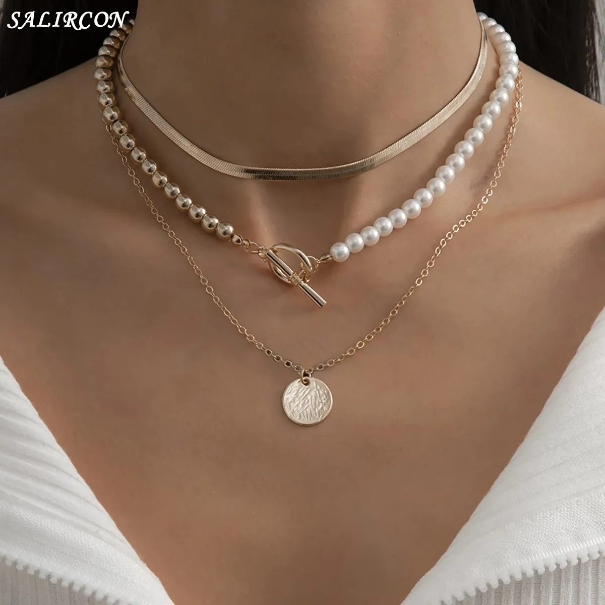 Goth Baroque Imitation Pearl Coin Portrait Pendant Necklace Women Vintage Multi Layer Link Chain Necklace Punk Aesthetic Jewelry