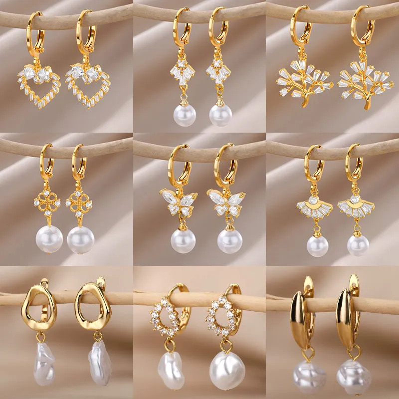 Zircon Natural Pearl Earrings For Women Gold Plated Stainless Steel Geometric Hoop Pearl Earring Wedding Bridesmaid Jewelry Gift