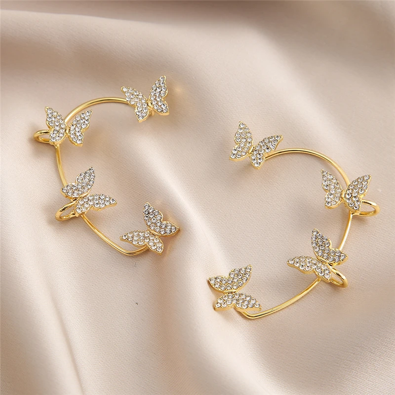 Silver Plated Metal Leaf Butterfly Clip Earrings for Women Ear Clips Without Piercing Sparkling Zircon Ear Cuff Fashion Jewelry