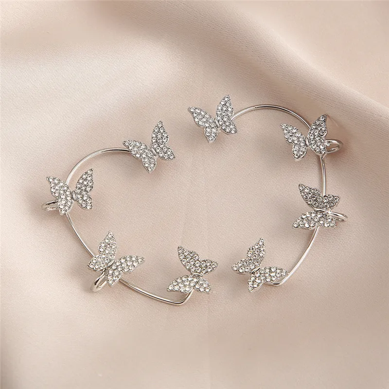 Silver Plated Metal Leaf Butterfly Clip Earrings for Women Ear Clips Without Piercing Sparkling Zircon Ear Cuff Fashion Jewelry