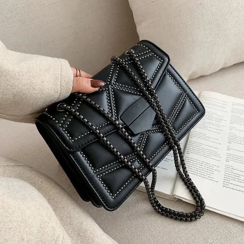 Yogodlns Vintage Rivet Chain Small Shoulder Bags For Women Flap PU Leather Fashion Small Square Crossbody Bag Designer Handbag