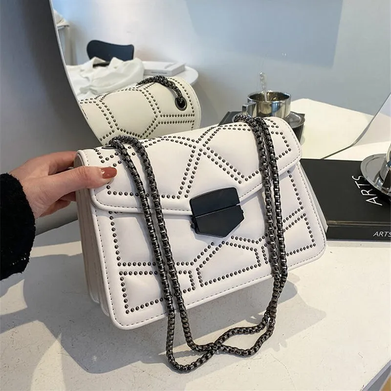 Yogodlns Vintage Rivet Chain Small Shoulder Bags For Women Flap PU Leather Fashion Small Square Crossbody Bag Designer Handbag