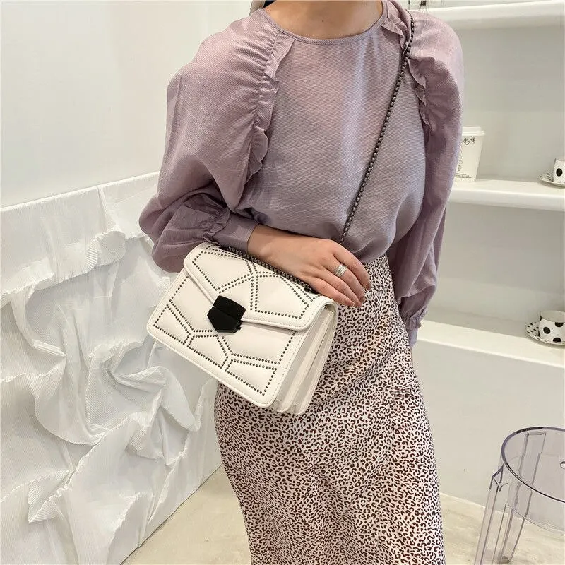 Yogodlns Vintage Rivet Chain Small Shoulder Bags For Women Flap PU Leather Fashion Small Square Crossbody Bag Designer Handbag