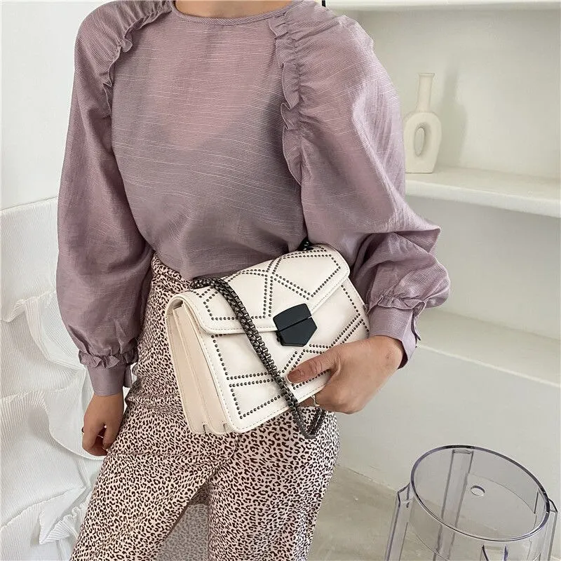 Yogodlns Vintage Rivet Chain Small Shoulder Bags For Women Flap PU Leather Fashion Small Square Crossbody Bag Designer Handbag