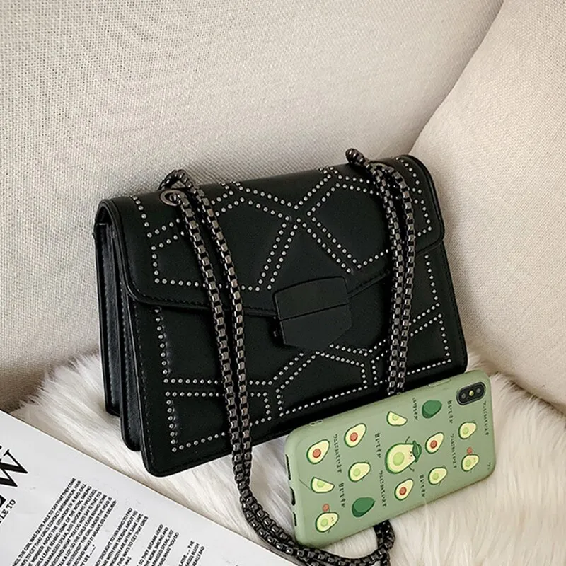 Yogodlns Vintage Rivet Chain Small Shoulder Bags For Women Flap PU Leather Fashion Small Square Crossbody Bag Designer Handbag