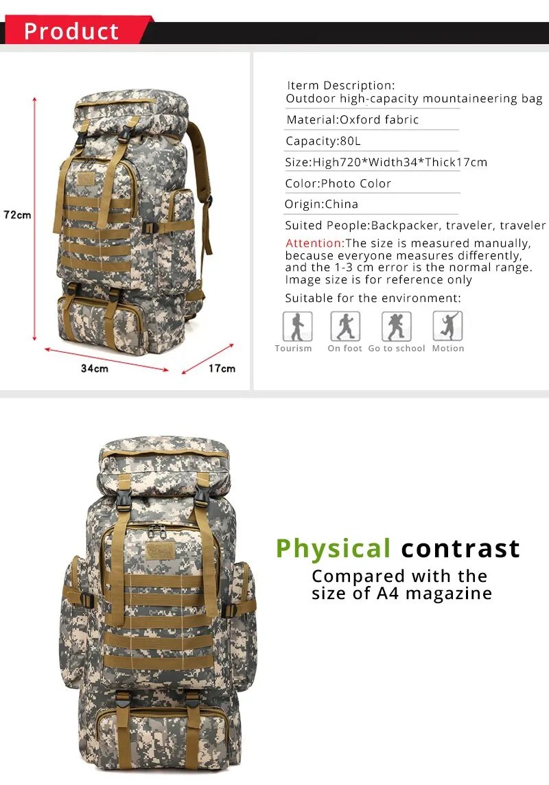 Outdoor Camouflage Backpack Men Large Capacity Waterproof Outdoor Military Backpack Travel Backpack for Men Hiking Bag