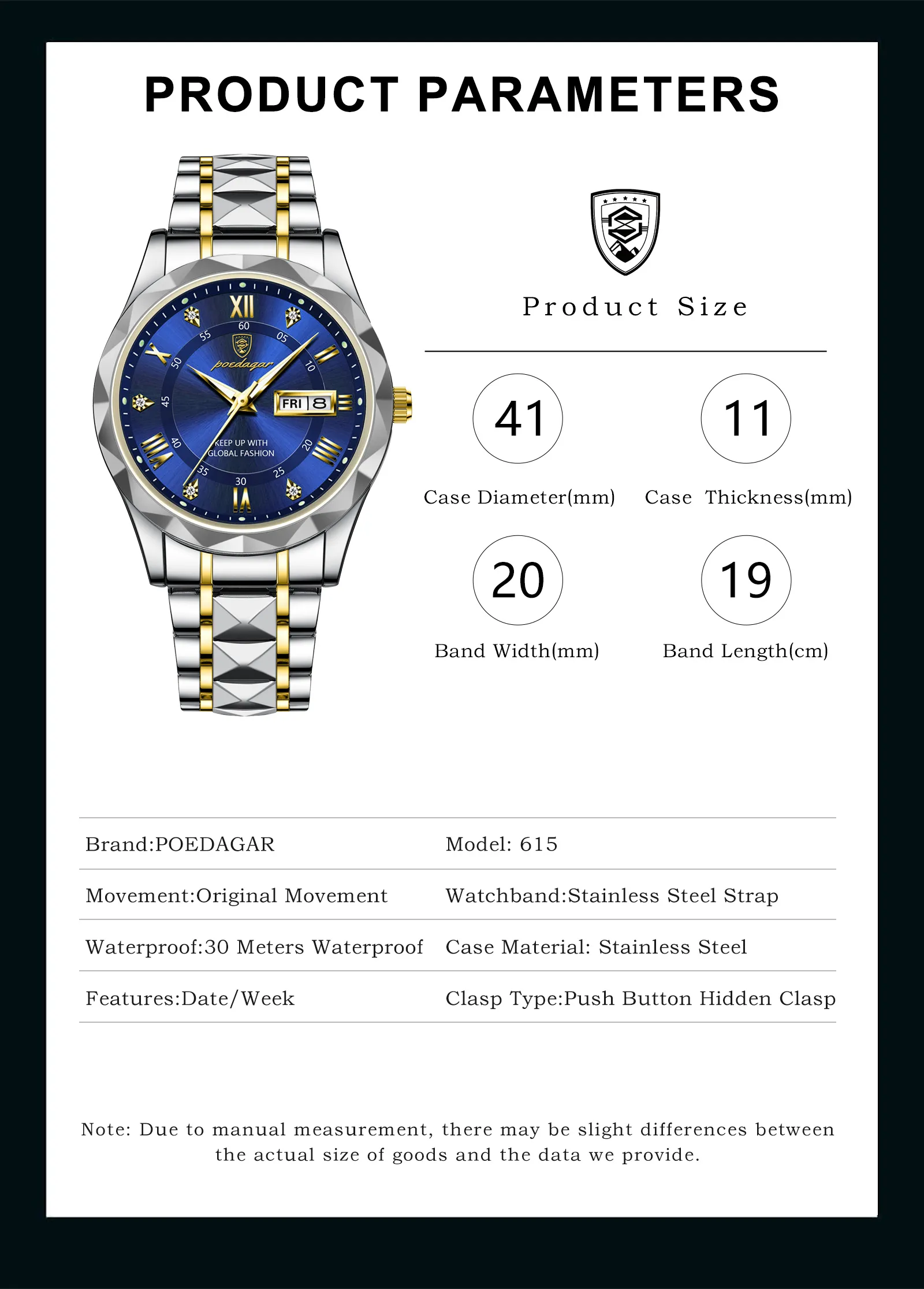 POEDAGAR Top Brand Luxury Man Wristwatch Waterproof Luminous Date Week Men Watches Stainless Steel Quartz Men's Watch Male reloj