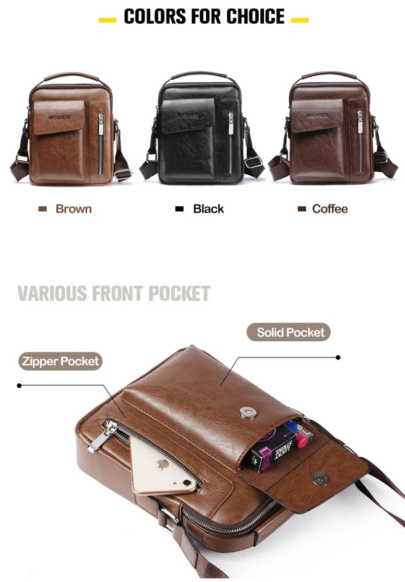 WEIXIER Men Shoulder Bags Crossbody Bag Multi-function Men's Handbags Capacity PU Leather Bag For Male Messenger Bags Tote Bag